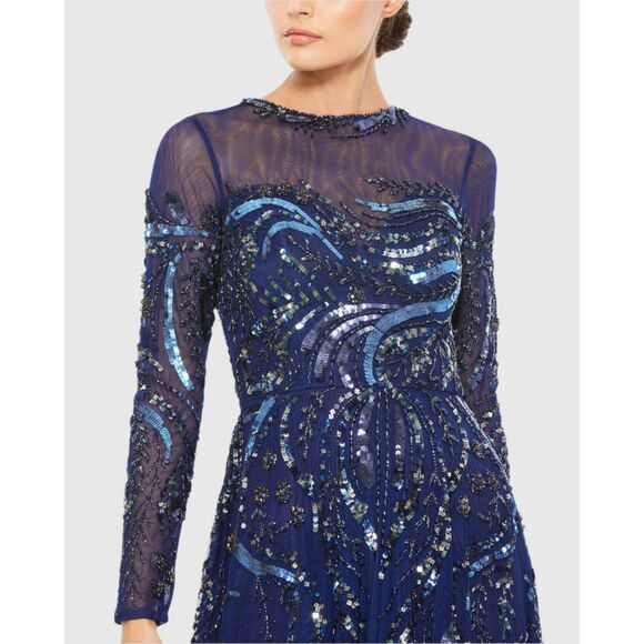 Mac Duggal Long Sleeve Embellished Illusion Evening Gown 12 Maxi Dress 5217 New - Picture 5 of 9